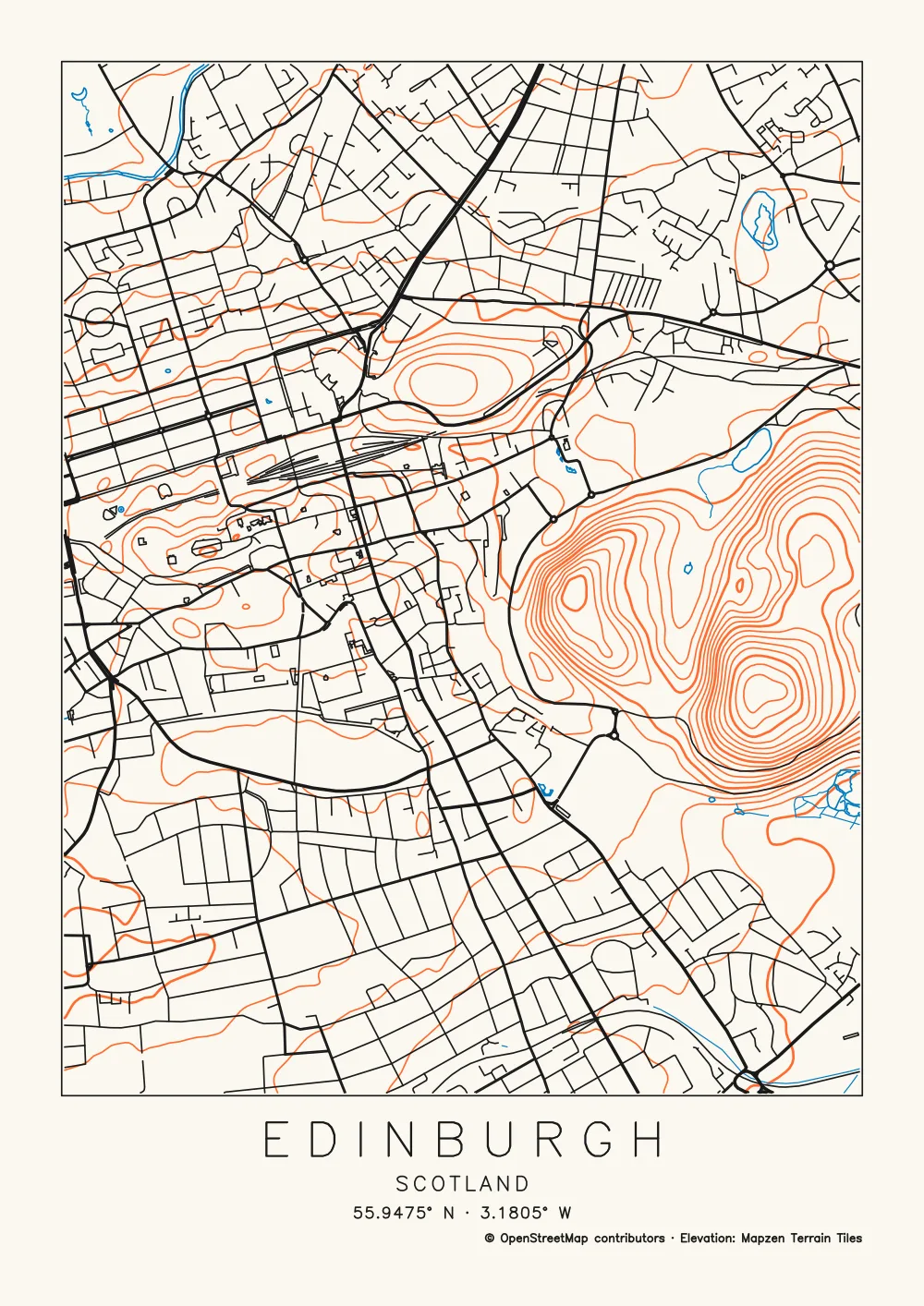 A plotted map of central Edinburgh: black streets and railways, the Water of Leith and ponds in blue, orange contours on Arthur's Seat, and the title Edinburgh, Scotland, with coordinates and credit.