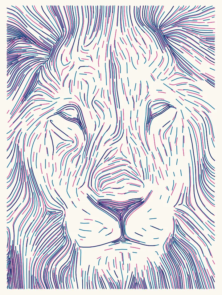 A lion in Flow lines, overprinted in blue and fluorescent pink.
