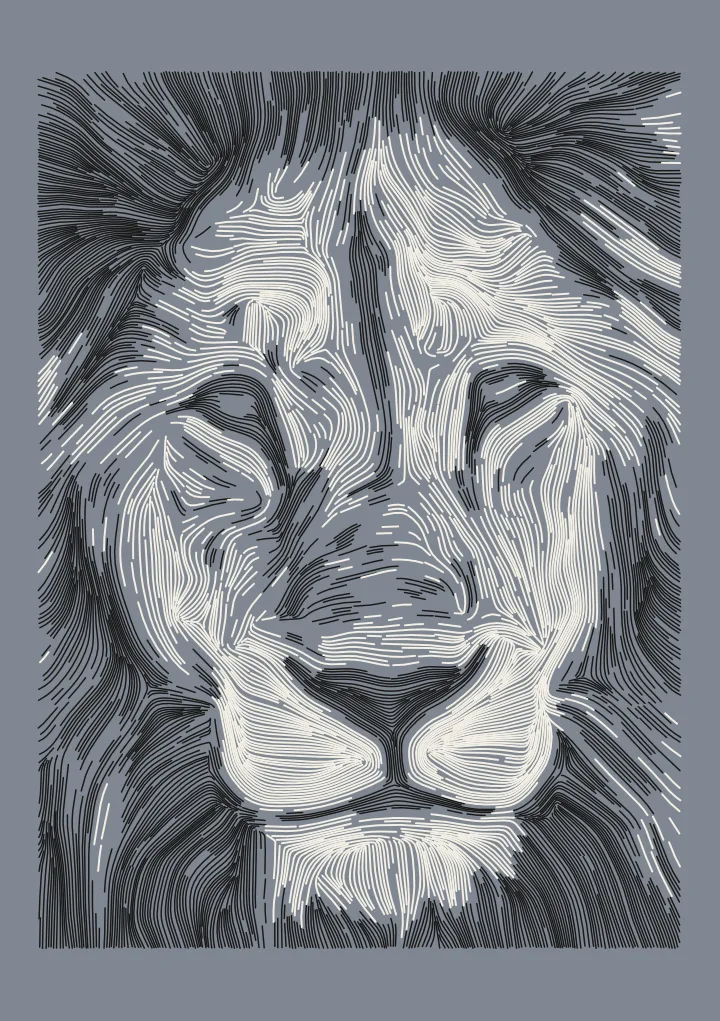 Lion photo drawn in black and white pen lines on grey paper for a pen plotter