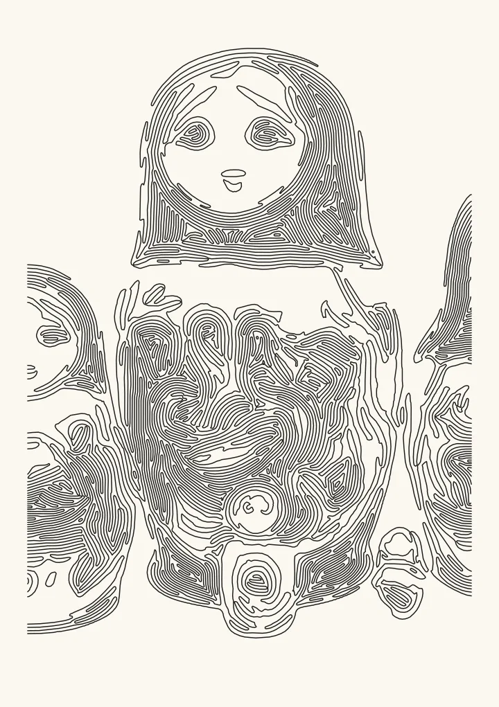 Matryoshka dolls photo drawn as fingerprint ridges that follow the painted flowers, for a pen plotter