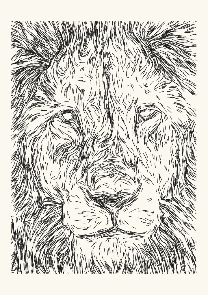 Lion photo drawn in thousands of short fur strands for a pen plotter