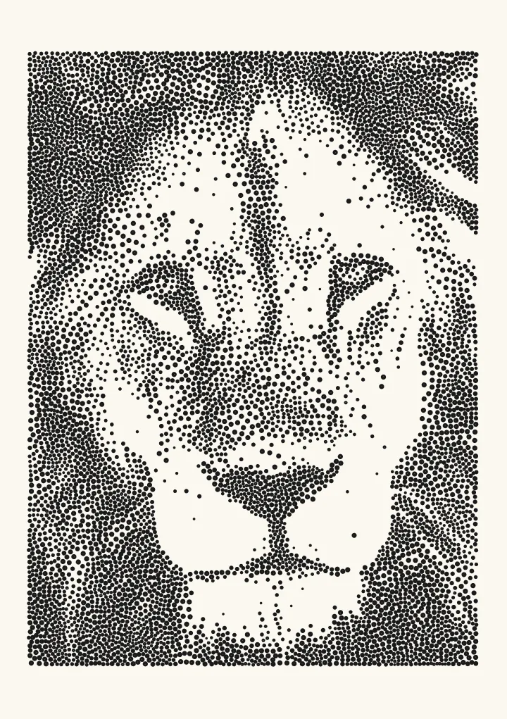 Lion photo stippled in dots for a pen plotter