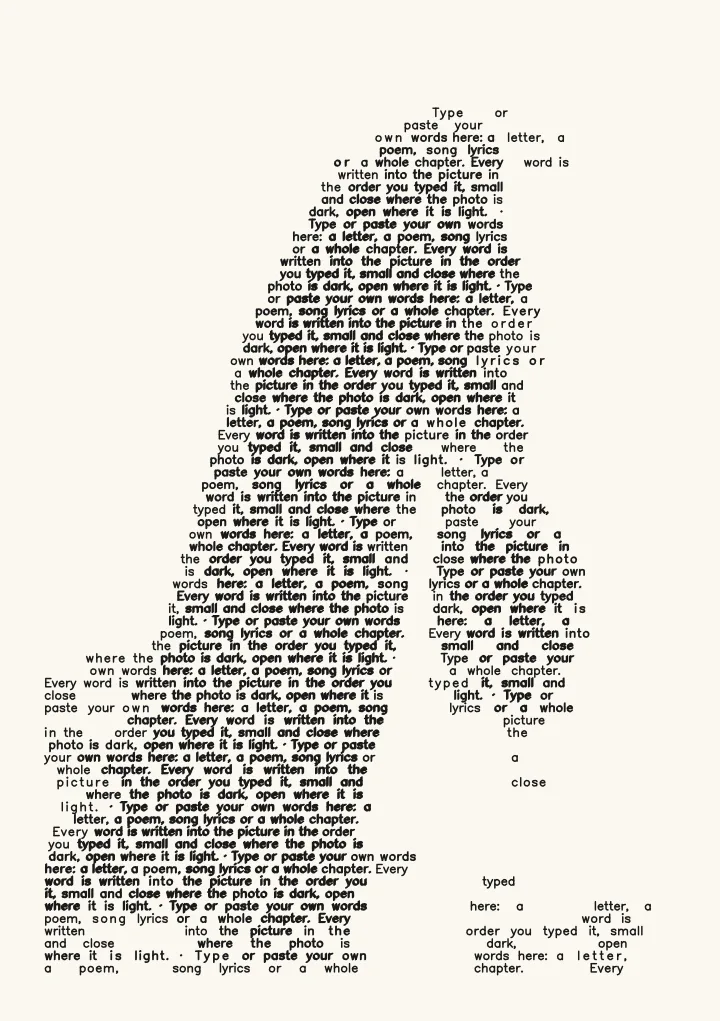 Mountain peak photo written in rows of small single-stroke words for a pen plotter
