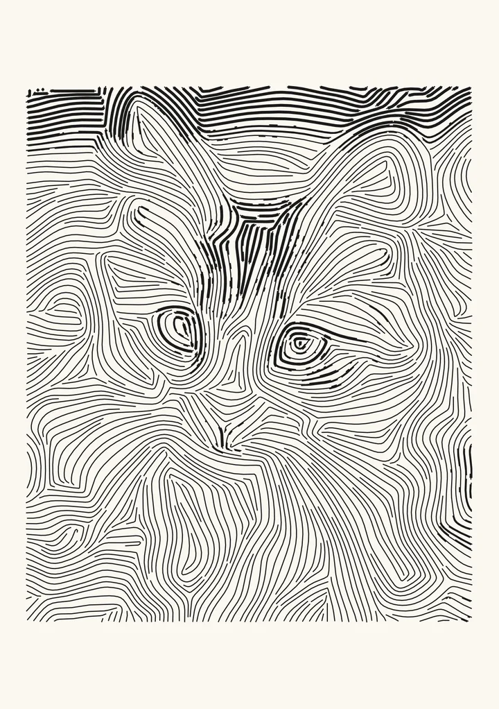 The tabby cat in Engrave: lines follow the fur and swell into thick bands along the dark stripes, around the eyes and in the dark background