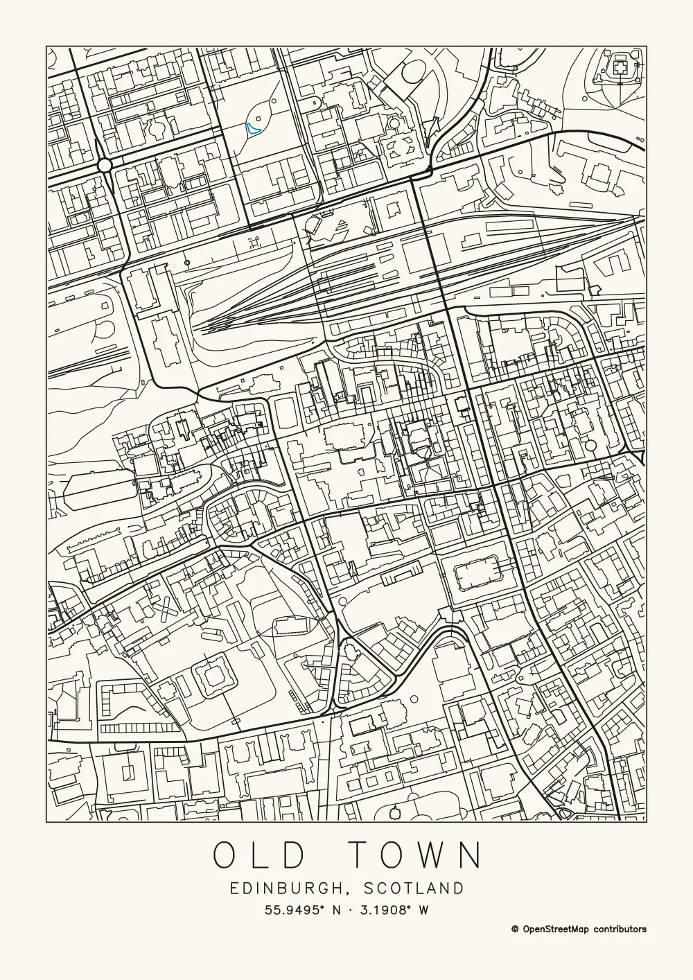 A detailed map of Edinburgh's Old Town with building outlines, footpaths, streets and the railway through Waverley station