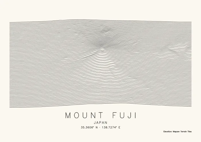 Mount Fuji as stacked profile lines, its cone rising in the middle of the page