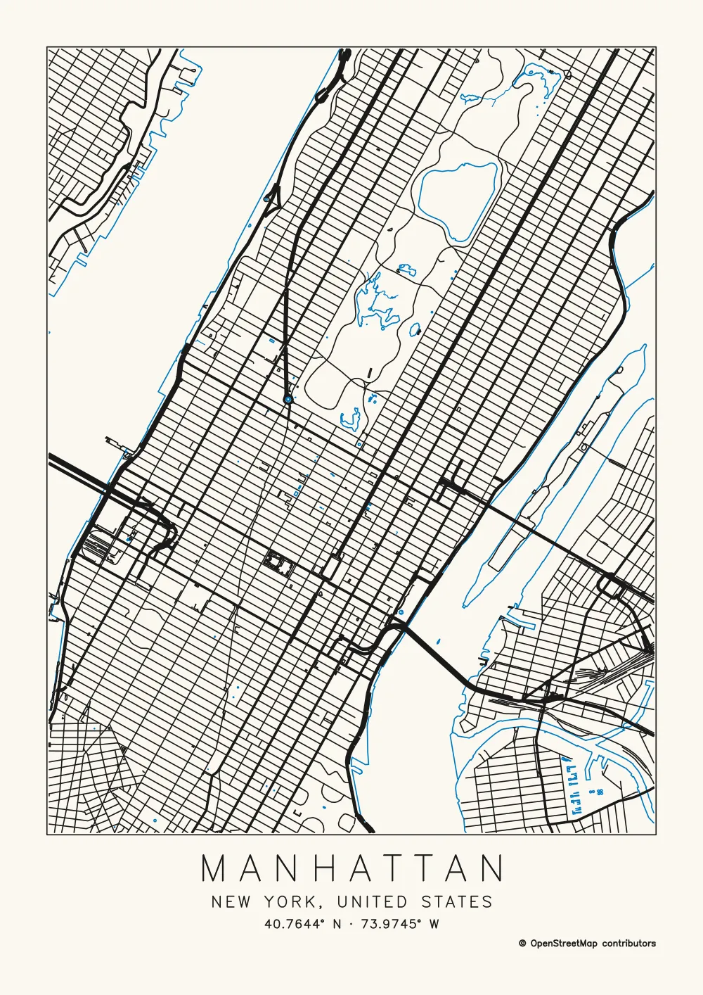 A street map poster of Manhattan: the street grid, Central Park and bolder avenues in black, the Hudson and East River shores in blue