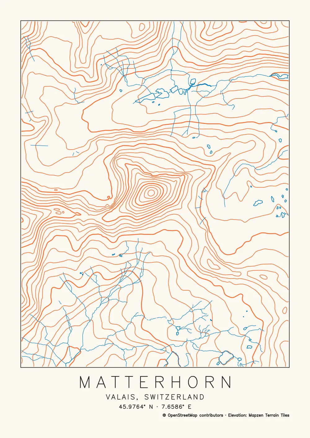 A topographic map of the Matterhorn: orange contour lines closing in on the summit, every fifth line bolder, blue streams and glacier lakes, and the title Matterhorn, Valais, Switzerland