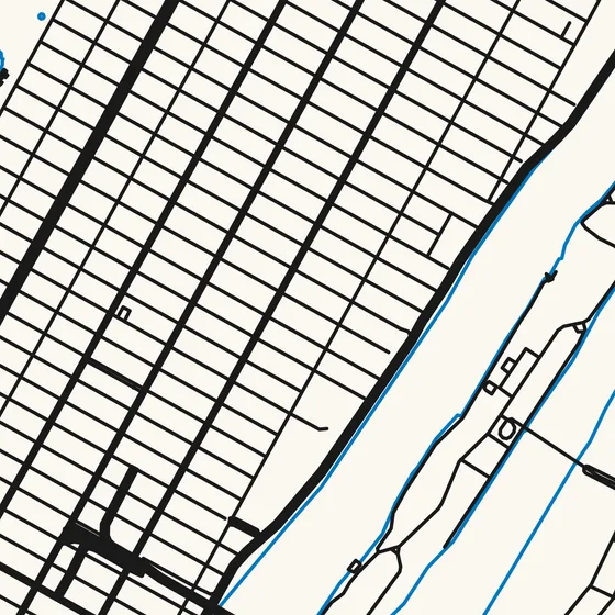 A detail of Manhattan with major roads drawn as two or three parallel strokes