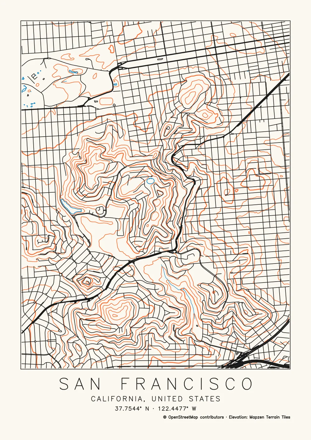A map of central San Francisco: the black street grid and major roads over orange contour lines around Twin Peaks, with the title San Francisco, California, United States
