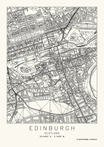 Edinburgh at the District scale, 2.0 × 2.6 km on A4, drawn with the Streets and buildings preset