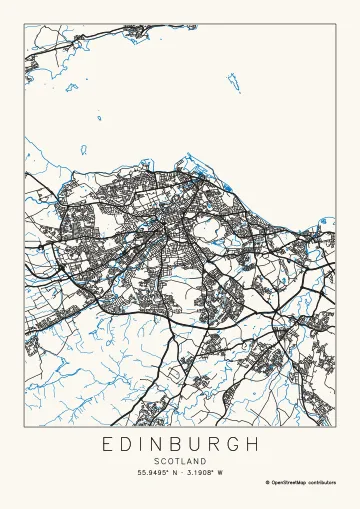 Edinburgh at the Metro scale, 20 × 25.8 km on A4, drawn with the Streets preset