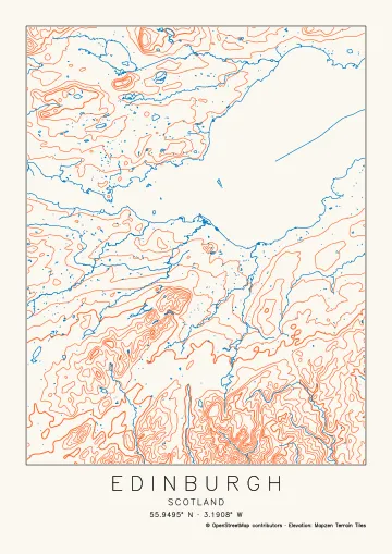 Edinburgh at the Region scale, 50 × 64.6 km on A4, drawn with the Topographic preset