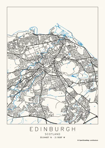 Edinburgh at the City scale, 10 × 12.9 km on A4, drawn with the Streets preset