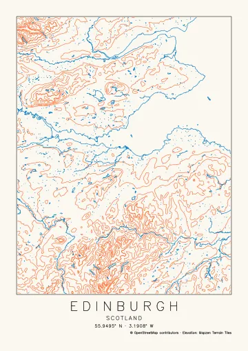 Edinburgh at the Mountains scale, 100 × 129 km on A4, drawn with the Topographic preset