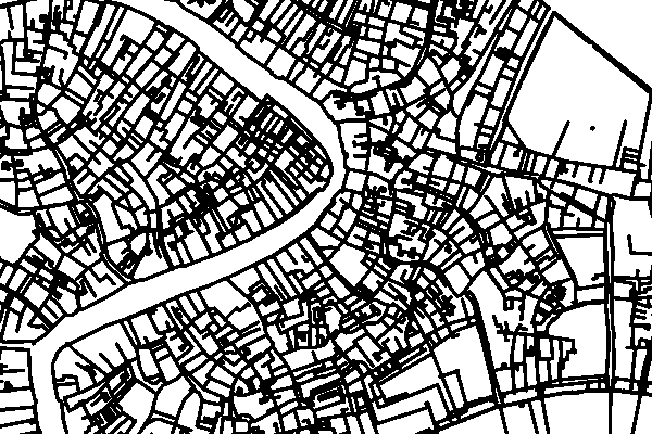 Black-and-white pixels of Venice's streets around the Grand Canal, a 1-bit laser PNG
