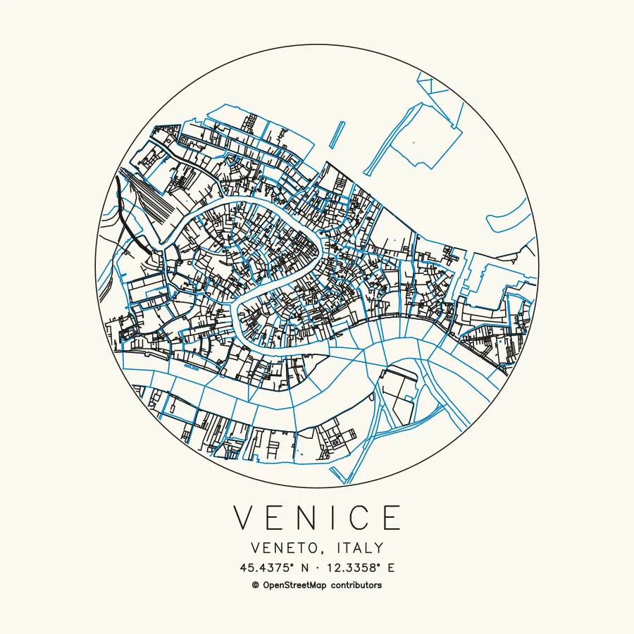 A circular street map of Venice: black streets, the Grand Canal and lagoon shores in blue, with the title Venice, Veneto, Italy