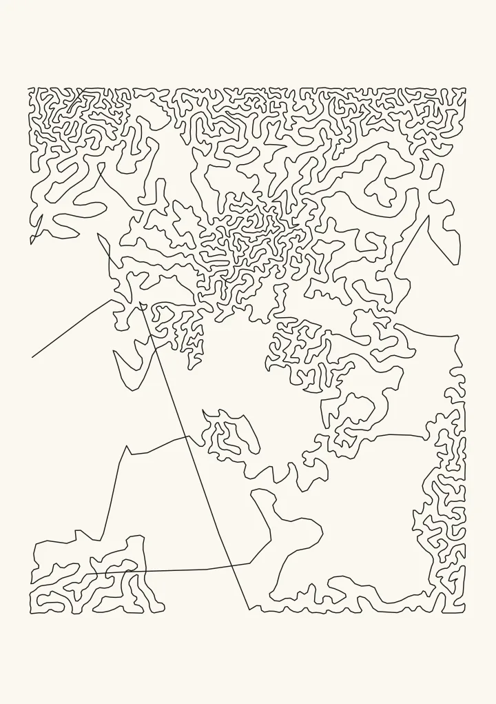 A tabby cat drawn as one continuous line in loose loops, with no clear face