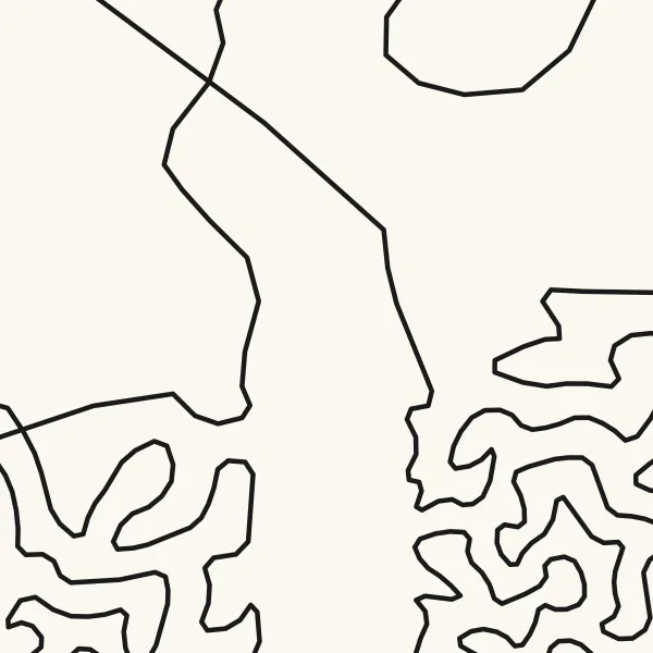 Close-up of a one-line drawing: a winding line packs the dark background, and a few long straight jumps cross the blank flower