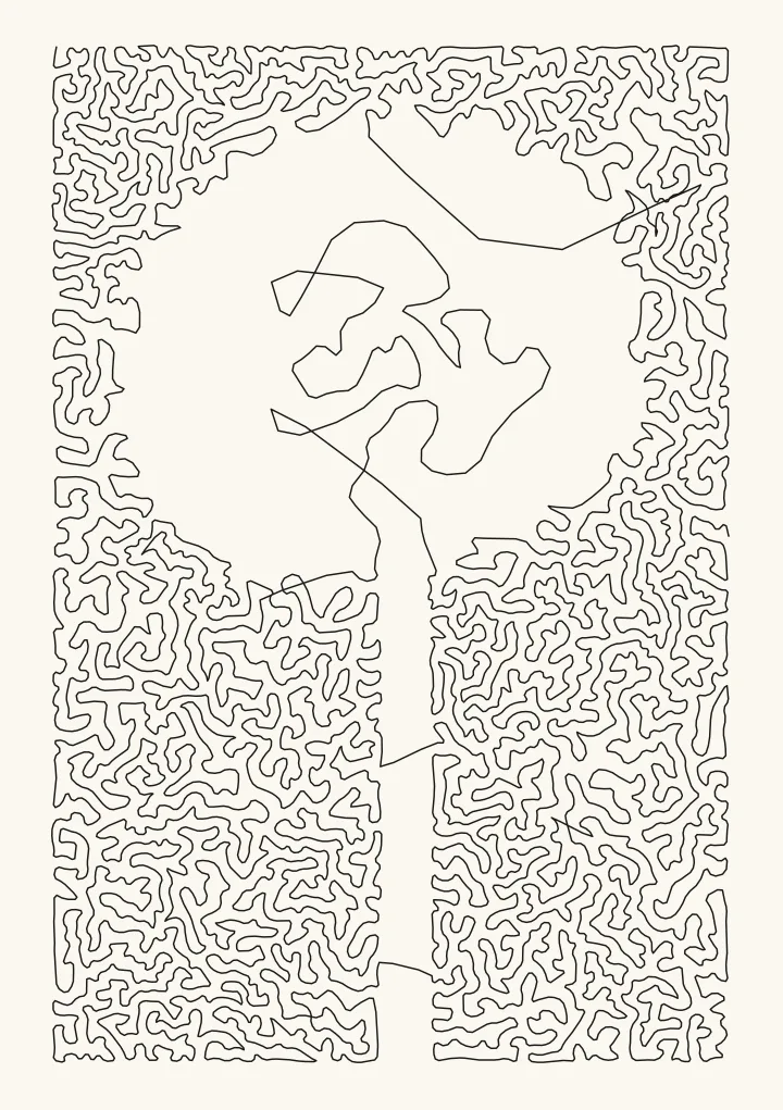 Dandelion photo drawn as one continuous line that fills the dark background and leaves the flower and stem as paper