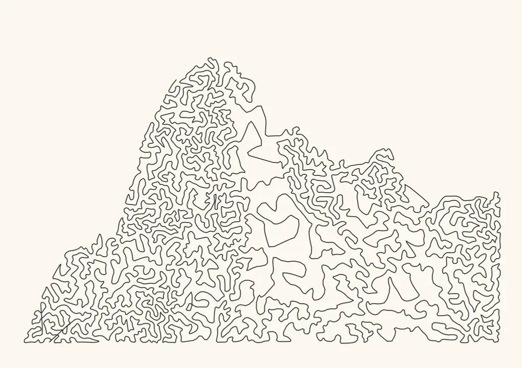 A mountain peak drawn as one continuous line, the line filling the mountain and stopping at the skyline