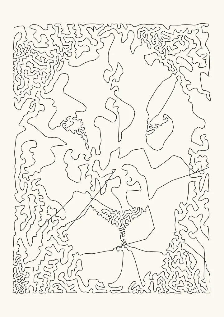 The lion as one continuous line with the dots gathered in the darkest parts of the mane and around the nose, and the face mostly open paper