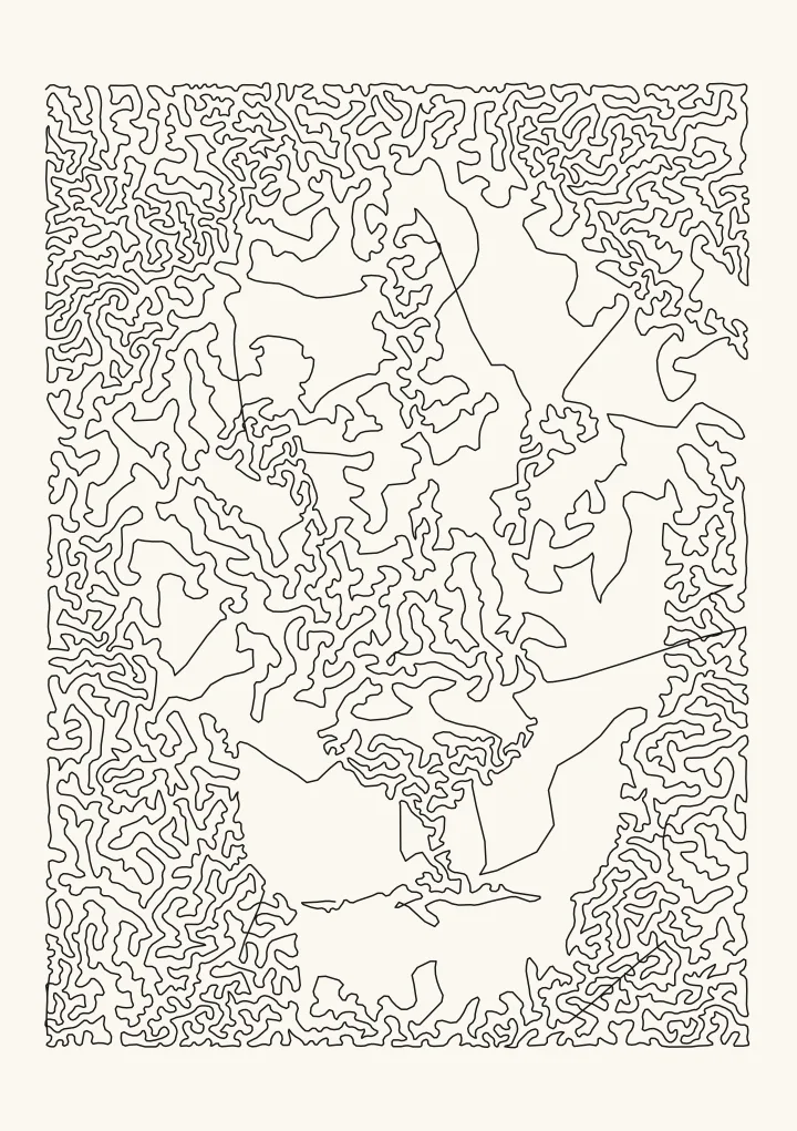 The lion as one continuous line through 6,192 dots, dense in the mane and around the nose