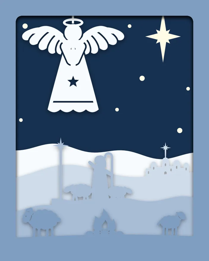 Angel and shepherd shadow box: 5 layered sheets seen from the front