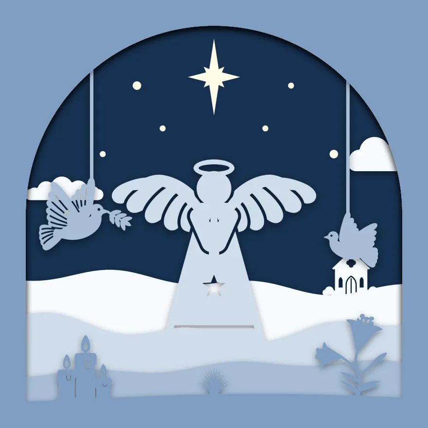 Angel and stars shadow box: 5 layered sheets seen from the front