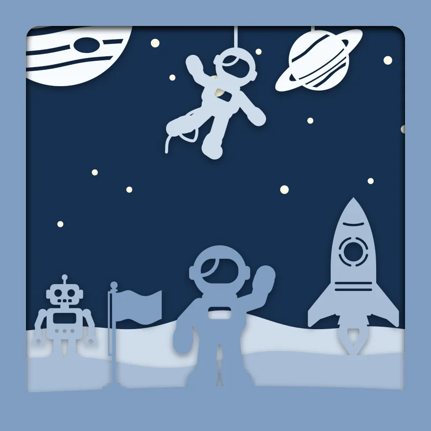 Astronaut on the moon shadow box: 5 layered sheets seen from the front