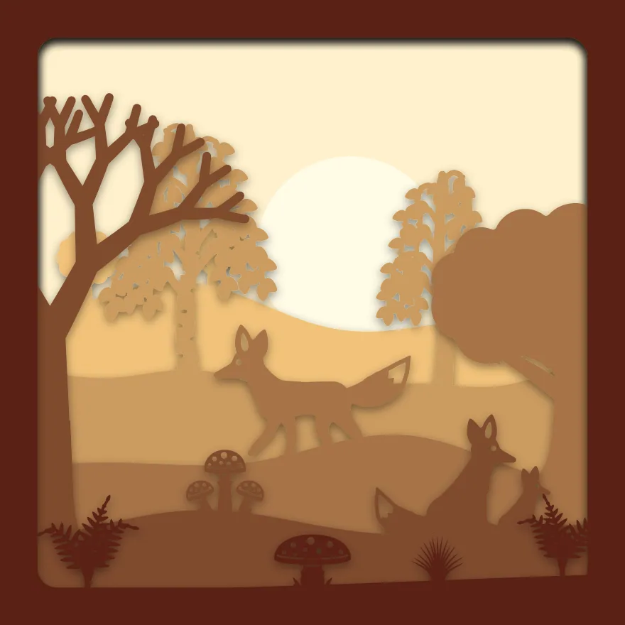 Autumn fox shadow box: 6 layered sheets seen from the front