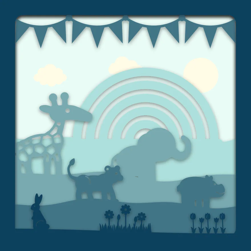 Baby animals and rainbow shadow box: 5 layered sheets seen from the front