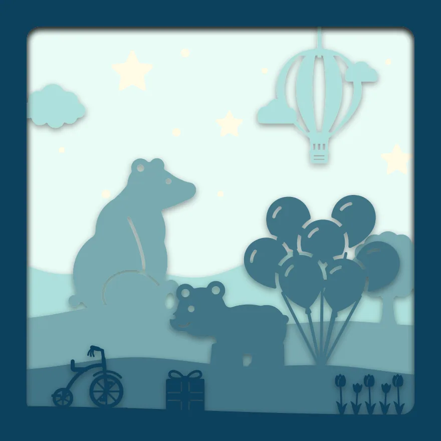 Baby bear and balloons shadow box: 5 layered sheets seen from the front