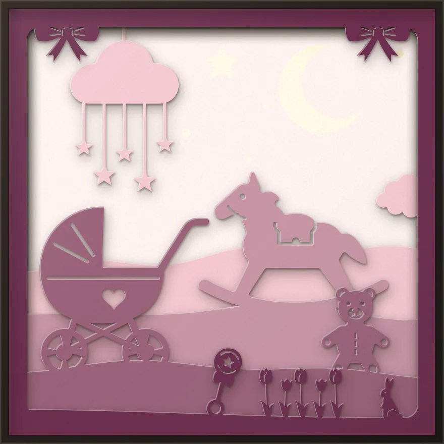 Baby girl nursery shadow box: 5 layered sheets seen from the front
