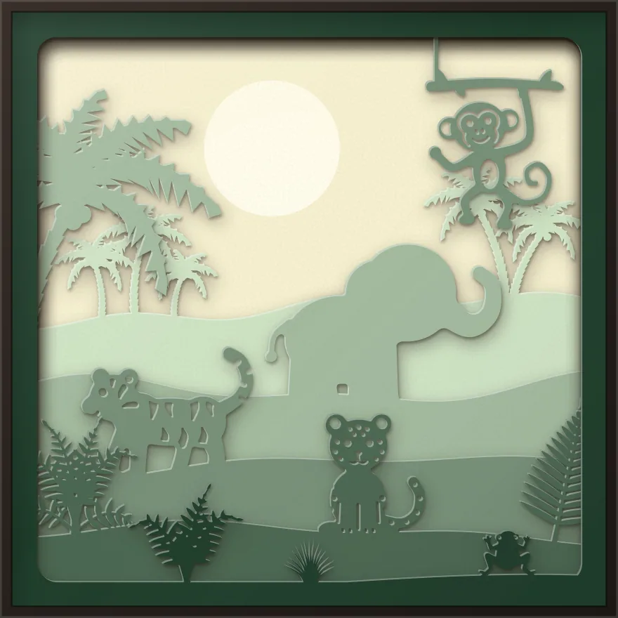 Baby jungle animals shadow box: 6 layered sheets seen from the front