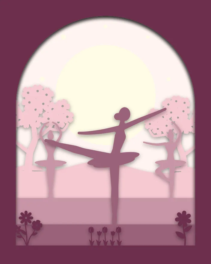 Ballet dancers shadow box: 5 layered sheets seen from the front