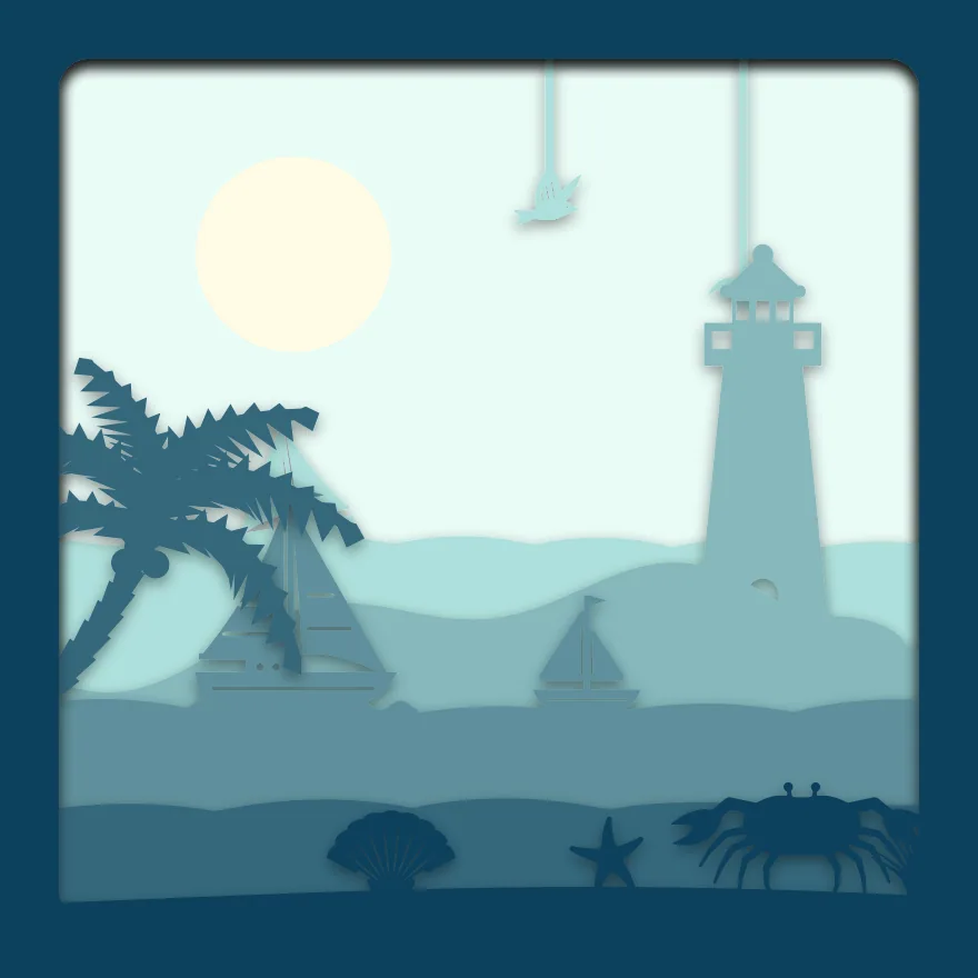 Lighthouse beach shadow box: 6 layered sheets seen from the front