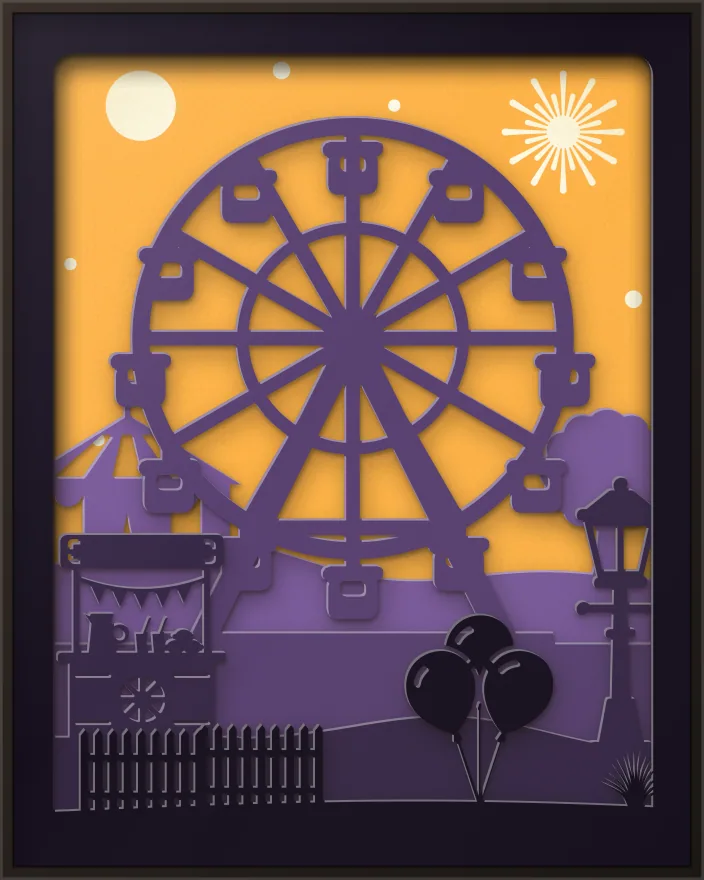 Big wheel at the fair shadow box: 5 layered sheets seen from the front