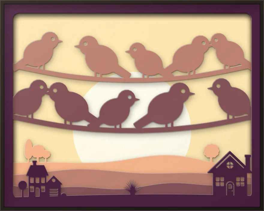 Birds on a wire shadow box: 5 layered sheets seen from the front