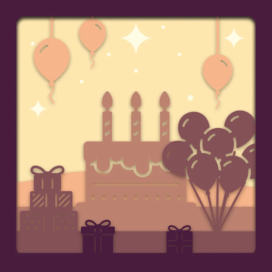 Birthday cake shadow box: 5 layered sheets seen from the front