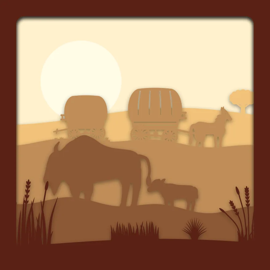Bison and wagon train shadow box: 5 layered sheets seen from the front