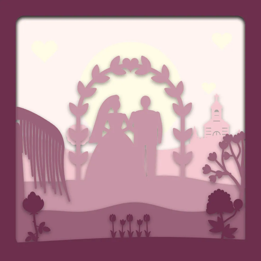 Bride and groom shadow box: 5 layered sheets seen from the front