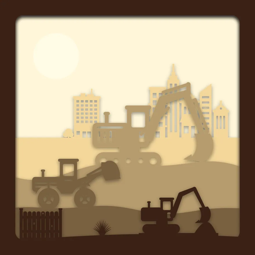 Diggers at work shadow box: 5 layered sheets seen from the front