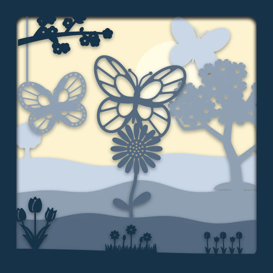 Butterflies and blossom shadow box: 5 layered sheets seen from the front