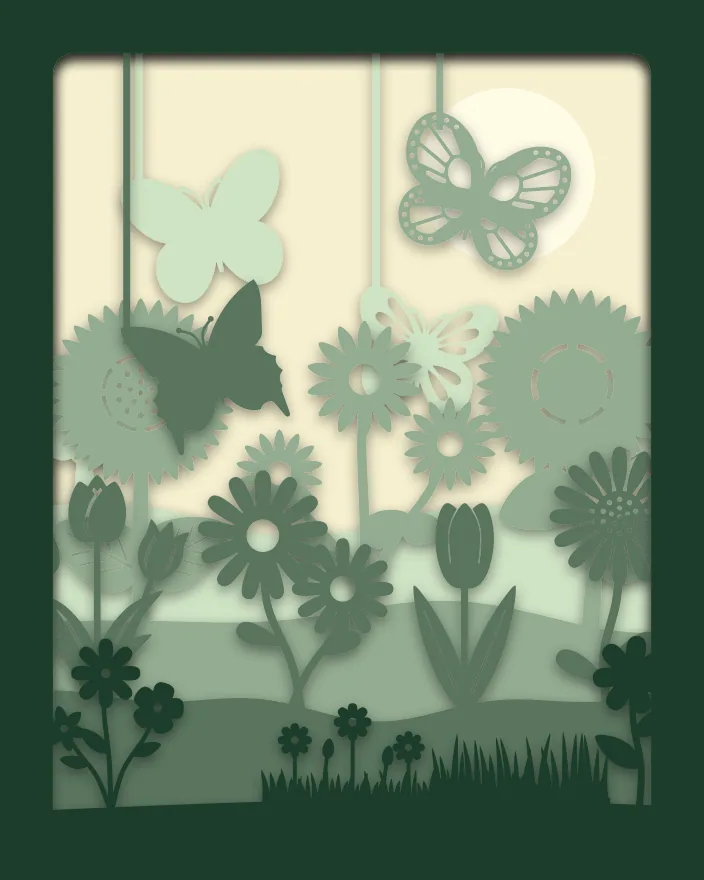 Butterfly garden shadow box: 5 layered sheets seen from the front