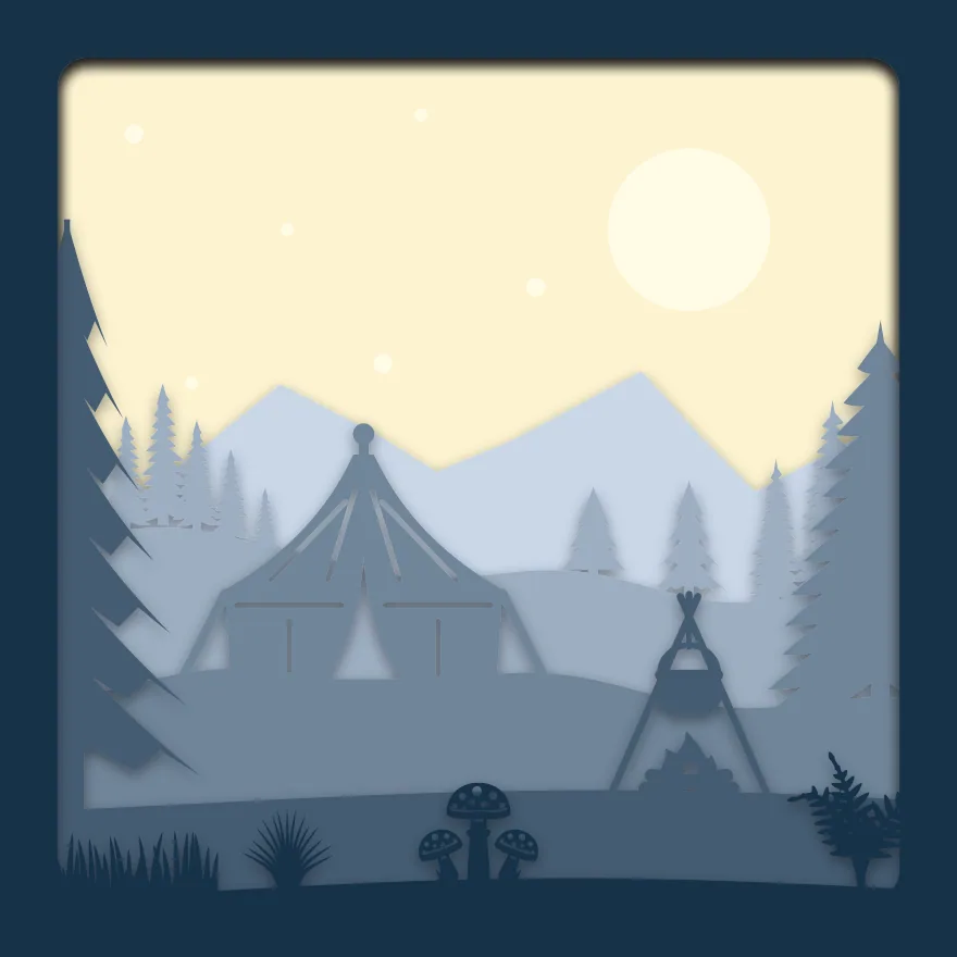 Campsite at night shadow box: 6 layered sheets seen from the front