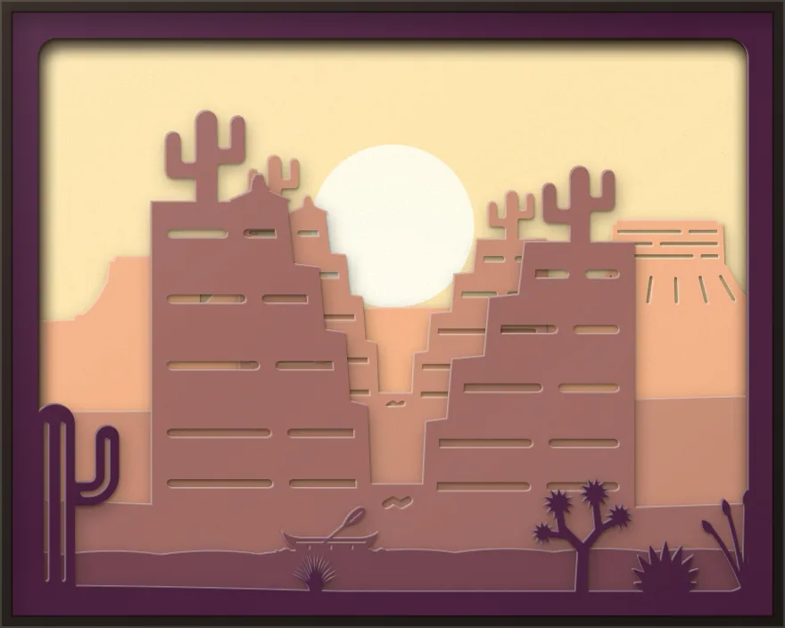 Canyon at sunset shadow box: 6 layered sheets seen from the front