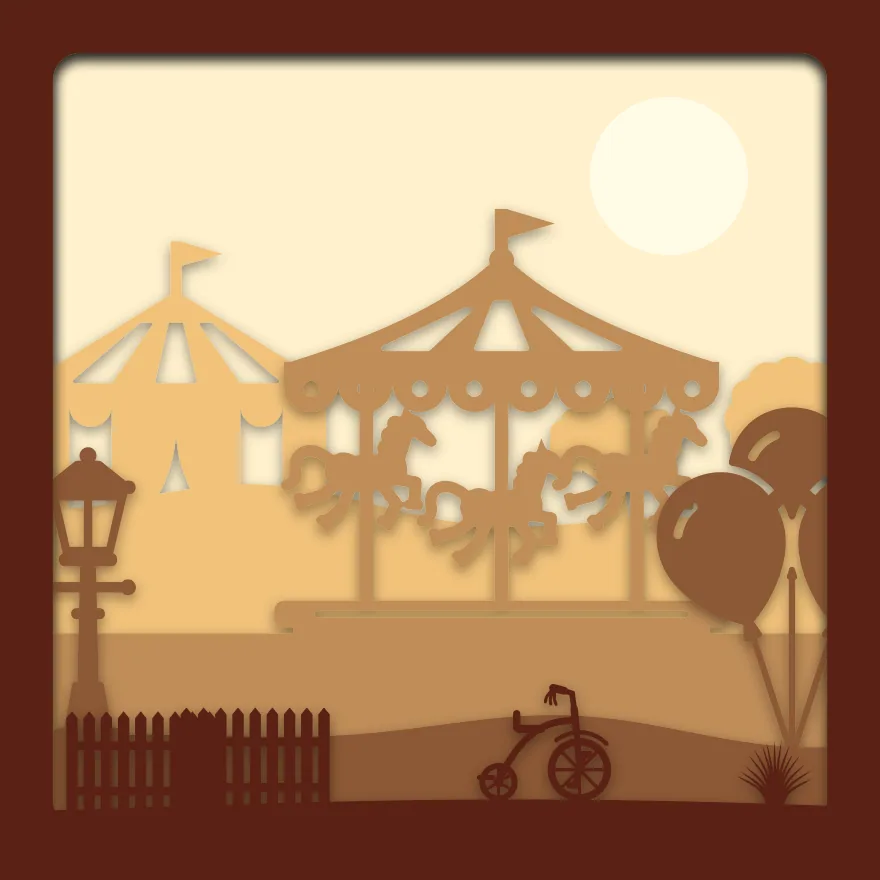 Carousel shadow box: 5 layered sheets seen from the front