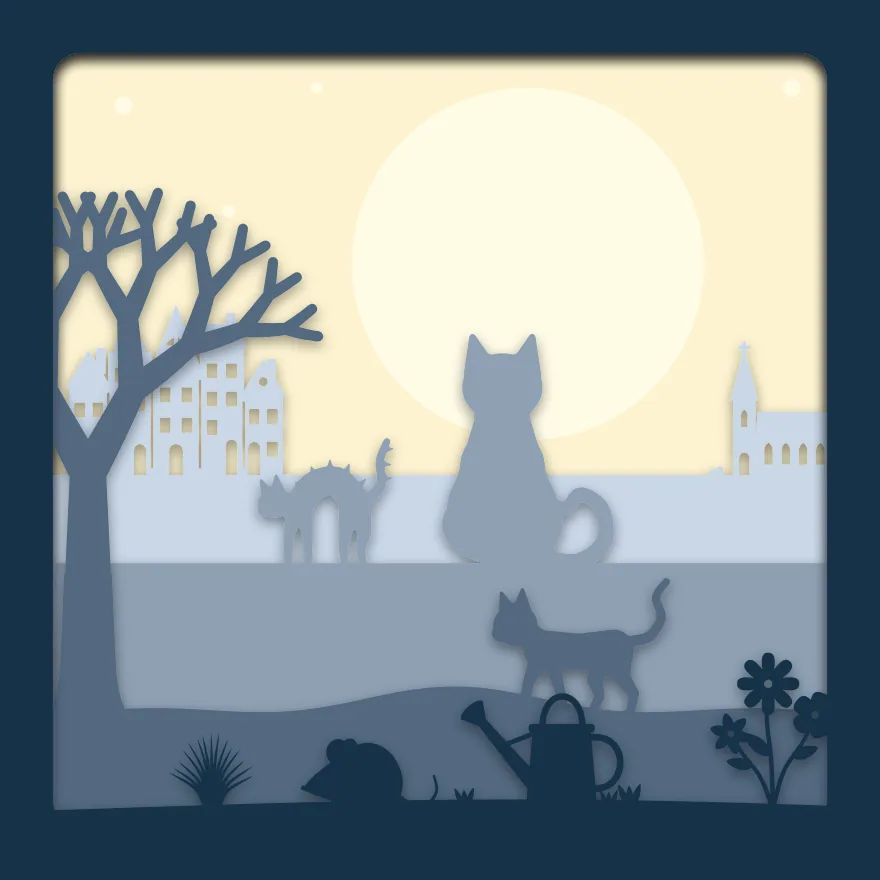 Cat on the wall shadow box: 5 layered sheets seen from the front
