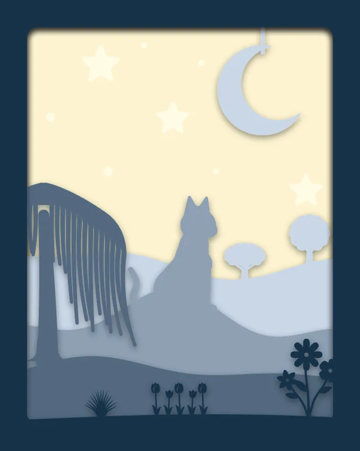 Cat and crescent moon shadow box: 5 layered sheets seen from the front